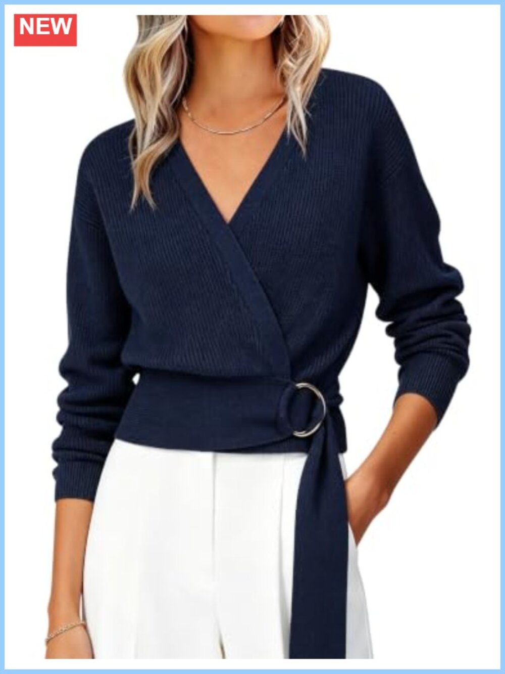 Ribbed Knit Wrap Sweater Long Sleeve V Neck Cropped Cardigan with Belt